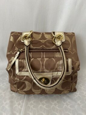 Coach Hampton Brown/Gold Signature  Double Handles Travel Tote Bag Purse 🌺🌺